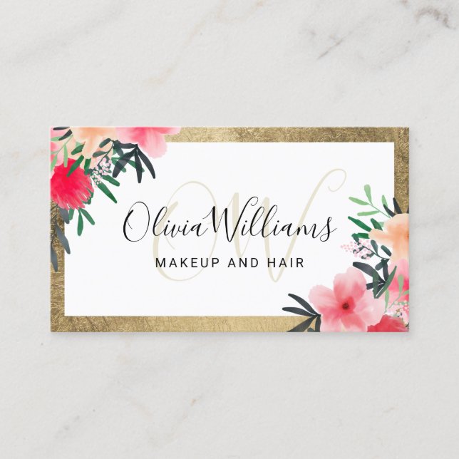 Makeup monogrammed chic gold frame floral script business card (Front)