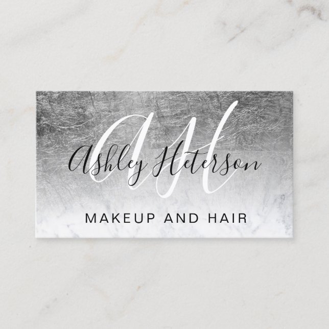 Makeup monogrammed silver foil marble script business card (Front)