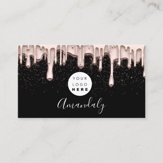 Makeup Nails Hair Wax Studio Logo Drips Black Rose Business Card (Front)