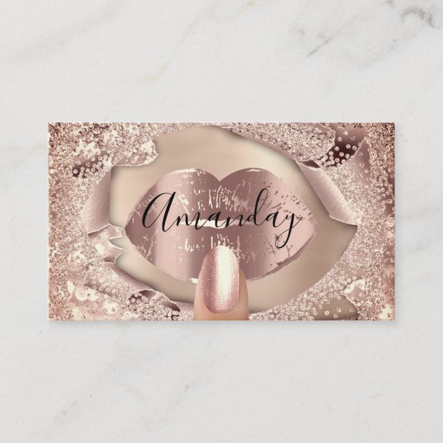 Makeup Nails Rose Gold Kiss Lips Glitter QRCode Business Card (Front)
