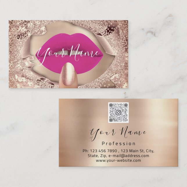Makeup Nails Rose Kiss Pink Lips QR Code Logo  Business Card (Front/Back)