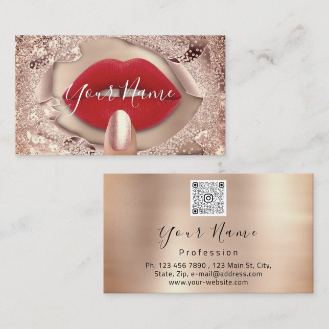 Makeup Nails Rose Kiss Red Lips QR Code Logo Business Card (Front/Back)