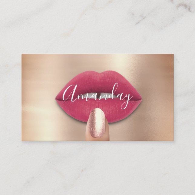 Makeup Nails Rose Pink Kiss Lips Logo QR Code   Business Card (Front)