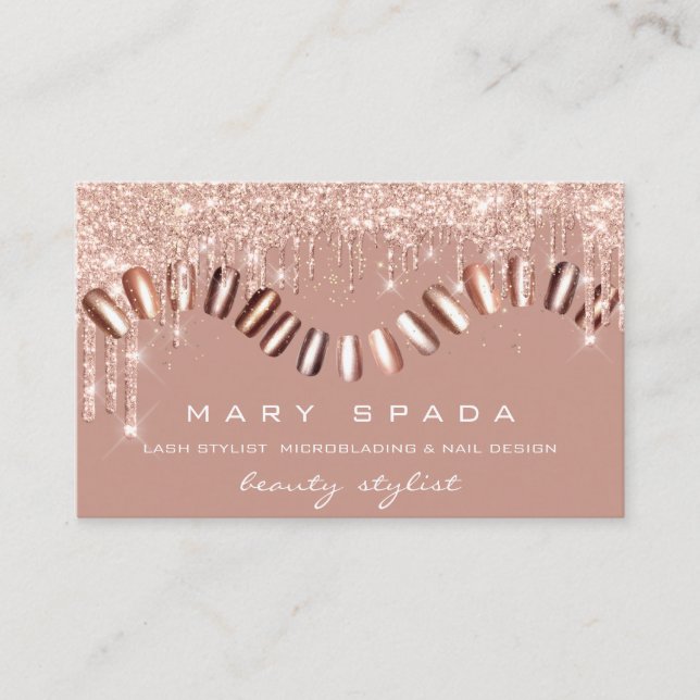 Makeup Nails Stylist Manicure Rose Gold Drip Spark Business Card (Front)