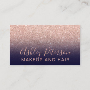 Makeup navy blue typography rose gold glitter business card