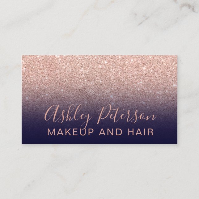 Makeup navy blue typography rose gold glitter business card (Front)