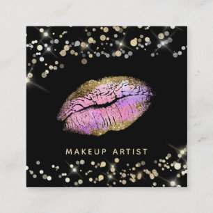 ~* Makeup Pastel Pink Lavender Gold Glitter Lips Square Business Card