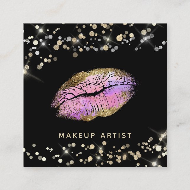 ~* Makeup Pastel Pink Lavender Gold Glitter Lips Square Business Card (Front)