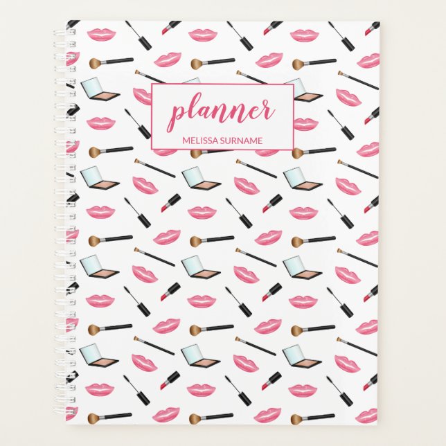 Makeup Pattern And Pink Lips Personalised Name Planner (Front)