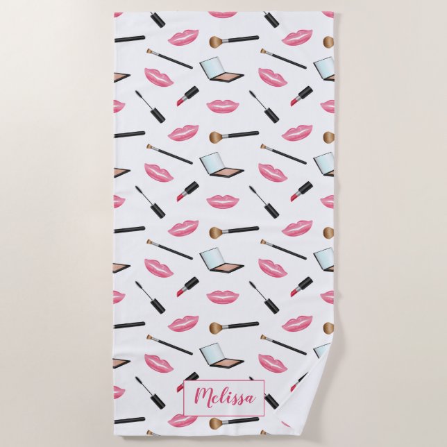 Makeup Pattern And Pink Lips With Custom Name Beach Towel (Front)