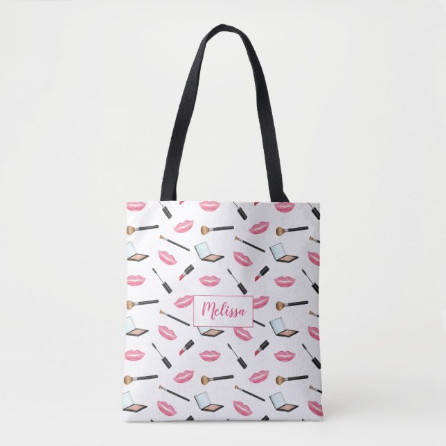 Makeup Pattern With Lips And Custom Name Tote Bag (Front)