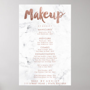 Makeup price typography rose gold white marble poster