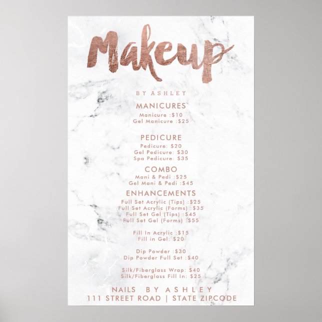 Makeup price typography rose gold white marble poster (Front)