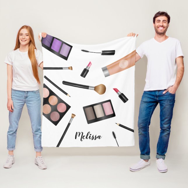 Makeup Products Illustration & Personalised Name Fleece Blanket (In Situ)