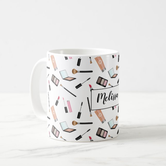 Makeup Products Pattern With Personalised Name Coffee Mug (Front Left)