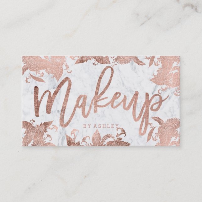 Makeup rose gold floral typography white marble business card (Front)