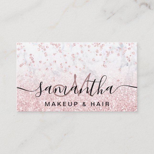 Makeup rose gold glitter marble sparkle confetti business card (Front)