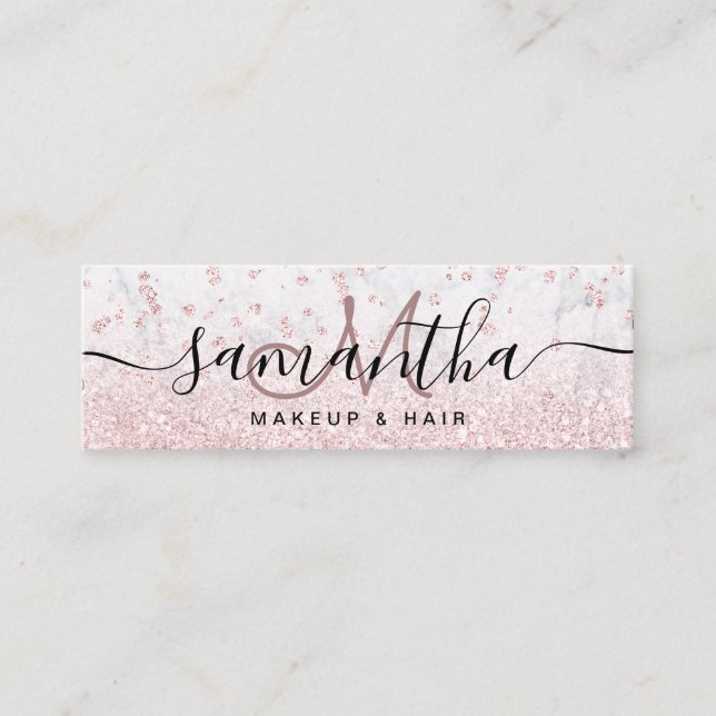 Makeup rose gold glitter marble sparkle confetti mini business card (Front)