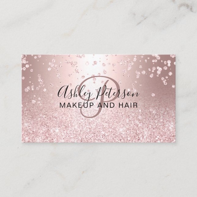 Makeup rose gold glitter metallic monogram  ombre business card (Front)