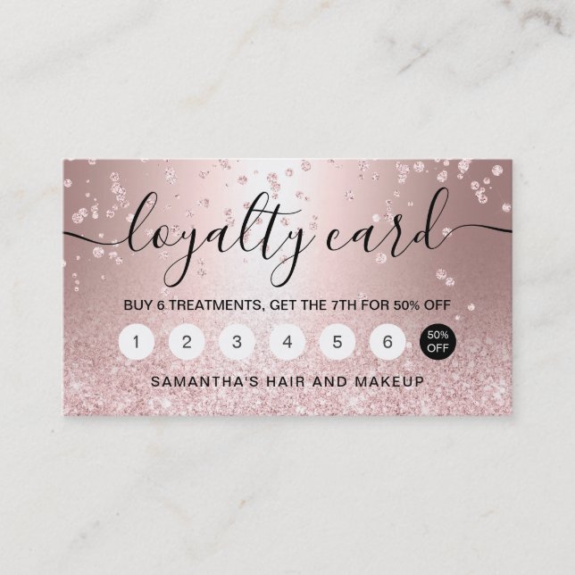 Makeup rose gold glitter metallic sparkle confetti loyalty card (Front)
