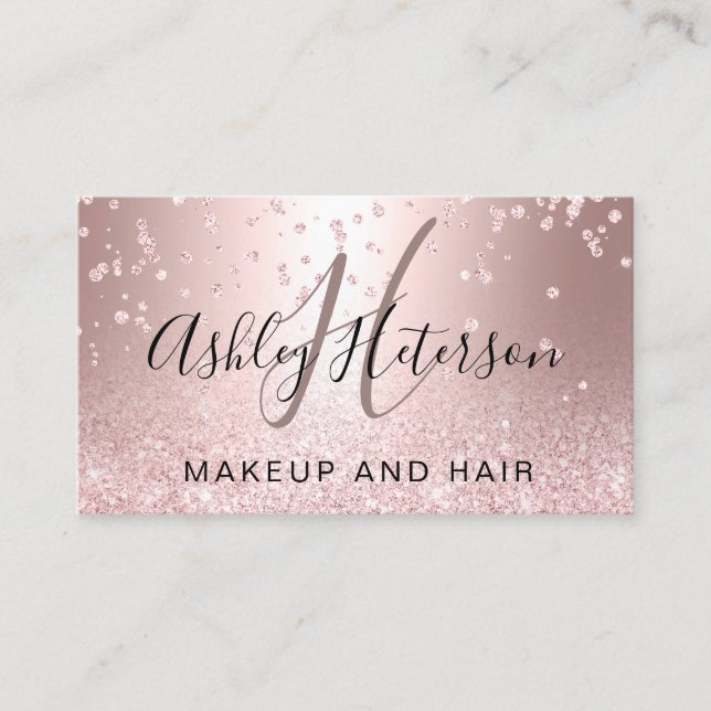 Makeup script confetti rose gold glitter metallic business card (Front)