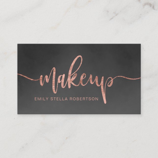 Makeup script rose gold black watercolor business card (Front)