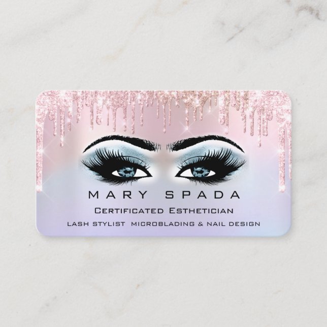 Makeup Smoky Eye Lashes Pink Holographic Drips Business Card (Front)