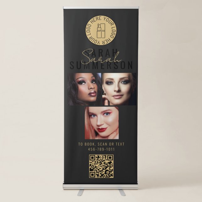 Makeup Studio Black Gold Logo QR Code 3 Photo Retractable Banner (Front)