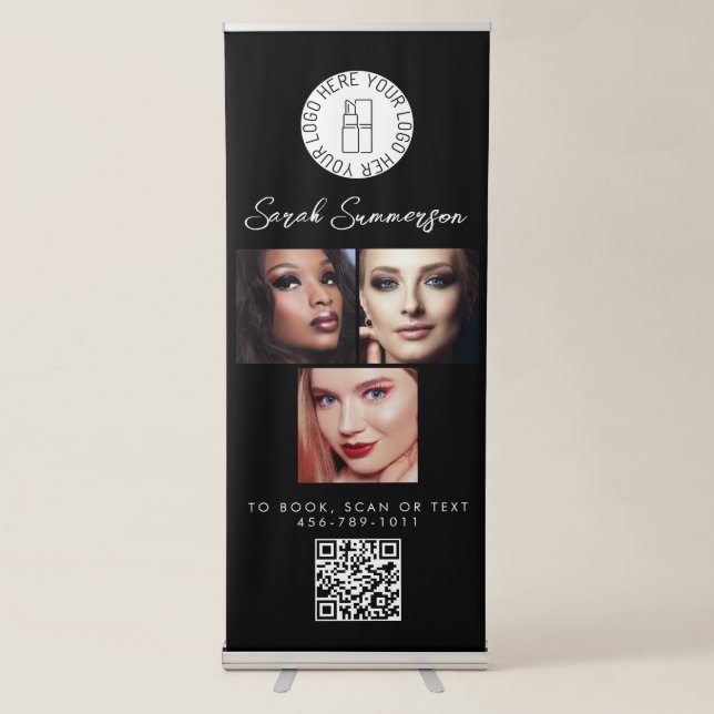 Makeup Studio Black White Logo QR Code 3 Photo Retractable Banner (Front)