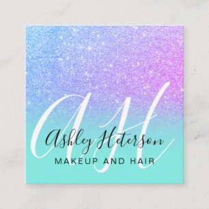 Makeup teal mermaid purple glitter script monogram square business card