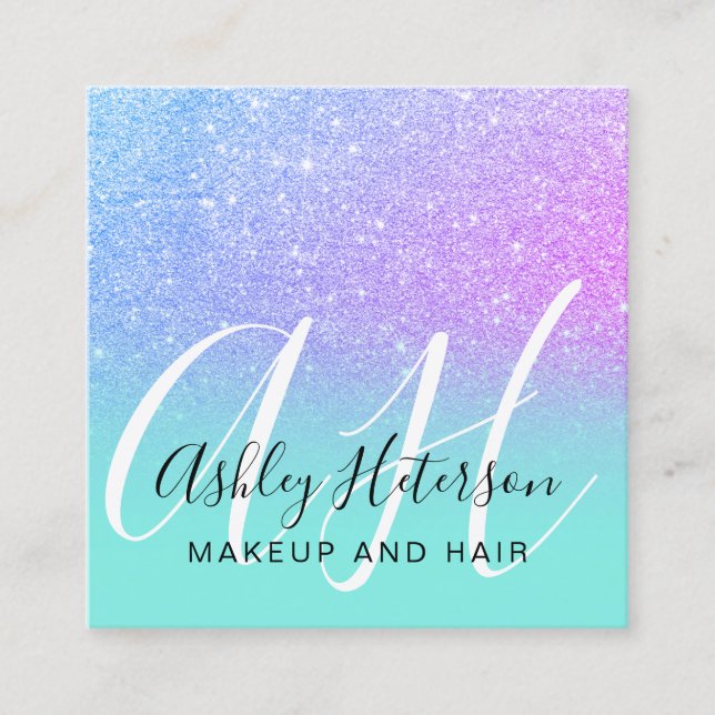 Makeup teal mermaid purple glitter script monogram square business card (Front)