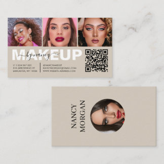 Makeup Typography 3 Photo Collage QR Code Beige Business Card