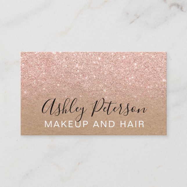 Makeup typography brown kraft rose gold glitter business card (Front)