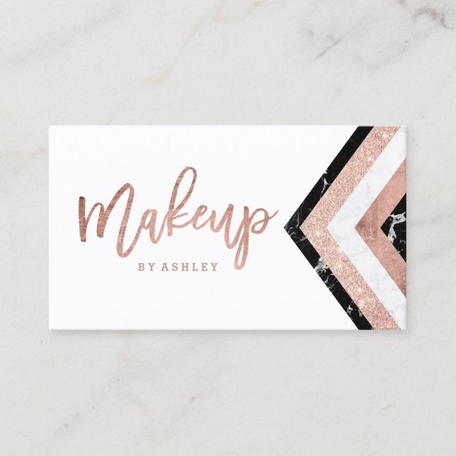 Makeup typography chevron marble rose gold stripes business card (Front)