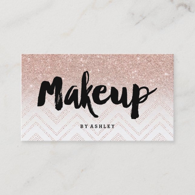 Makeup typography faux rose gold chevron business card (Front)