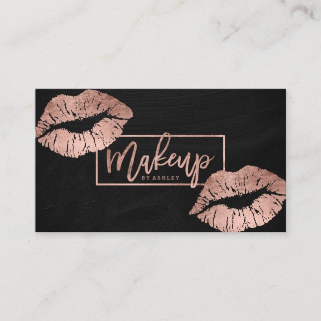 Makeup typography lips rose gold black chalkboard business card (Front)
