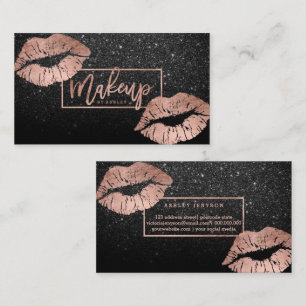 Makeup typography lips rose gold black glitter business card