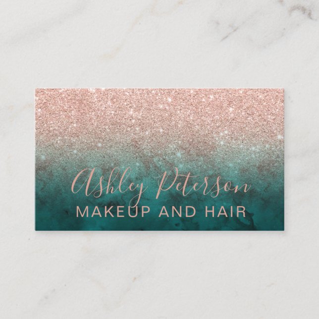 Makeup typography marble rose gold glitter green business card (Front)