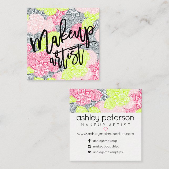 Makeup typography neon floral mandala pink yellow square business card (Front/Back)