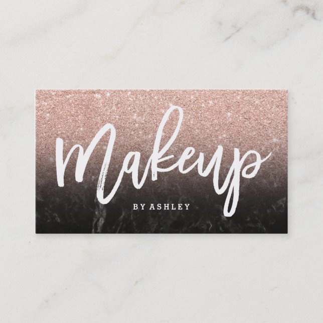 Makeup typography rose gold glitter black marble business card (Front)