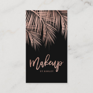 Makeup typography rose gold palm tree leaf black business card