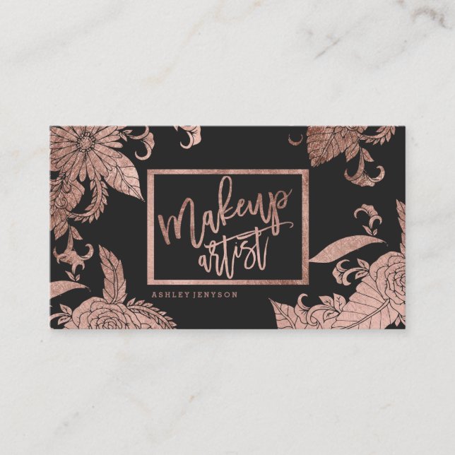 Makeup typography trendy faux rose gold floral business card (Front)