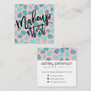 Makeup typography tropical leaf pink square business card