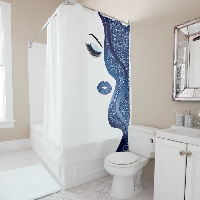 Makeup with glitter effect shower curtain (In Situ)
