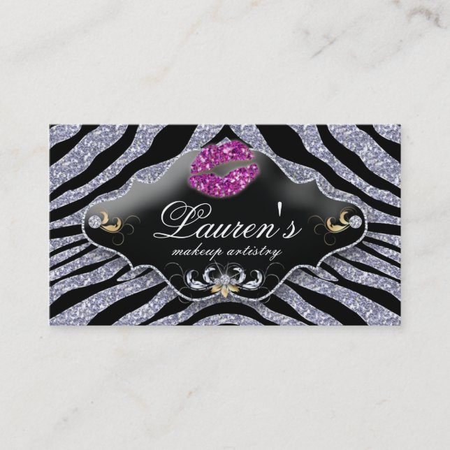 Makeup Zebra Business Card Sparkle Pink Black (Front)