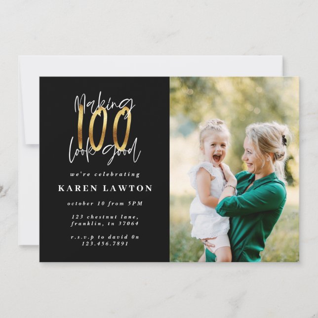 Making 100 look good gold birthday photo holiday card (Front)