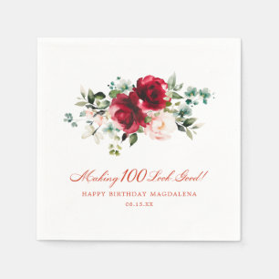 Making 100 Look Good Red Pink Floral Custom Napkin