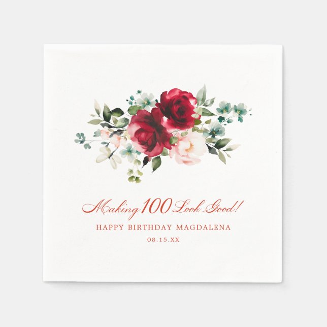 Making 100 Look Good Red Pink Floral Custom Napkin (Front)