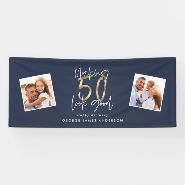 making 50 look good blue and gold birthday  banner (Horizontal)