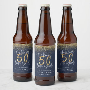 Making 50 look good blue gold birthday party beer  bottle label